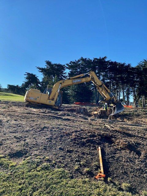 Yellow excavator digging in a dirt field under a bright blue sky, trees in background.