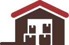 Sutters Fort Self Storage, LLC Warehouse with brown exterior, red roof, and stacked boxes.