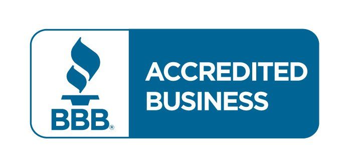 BBB Accredited Business blue-and-white badge with torch logo and “ACCREDITED BUSINESS” text