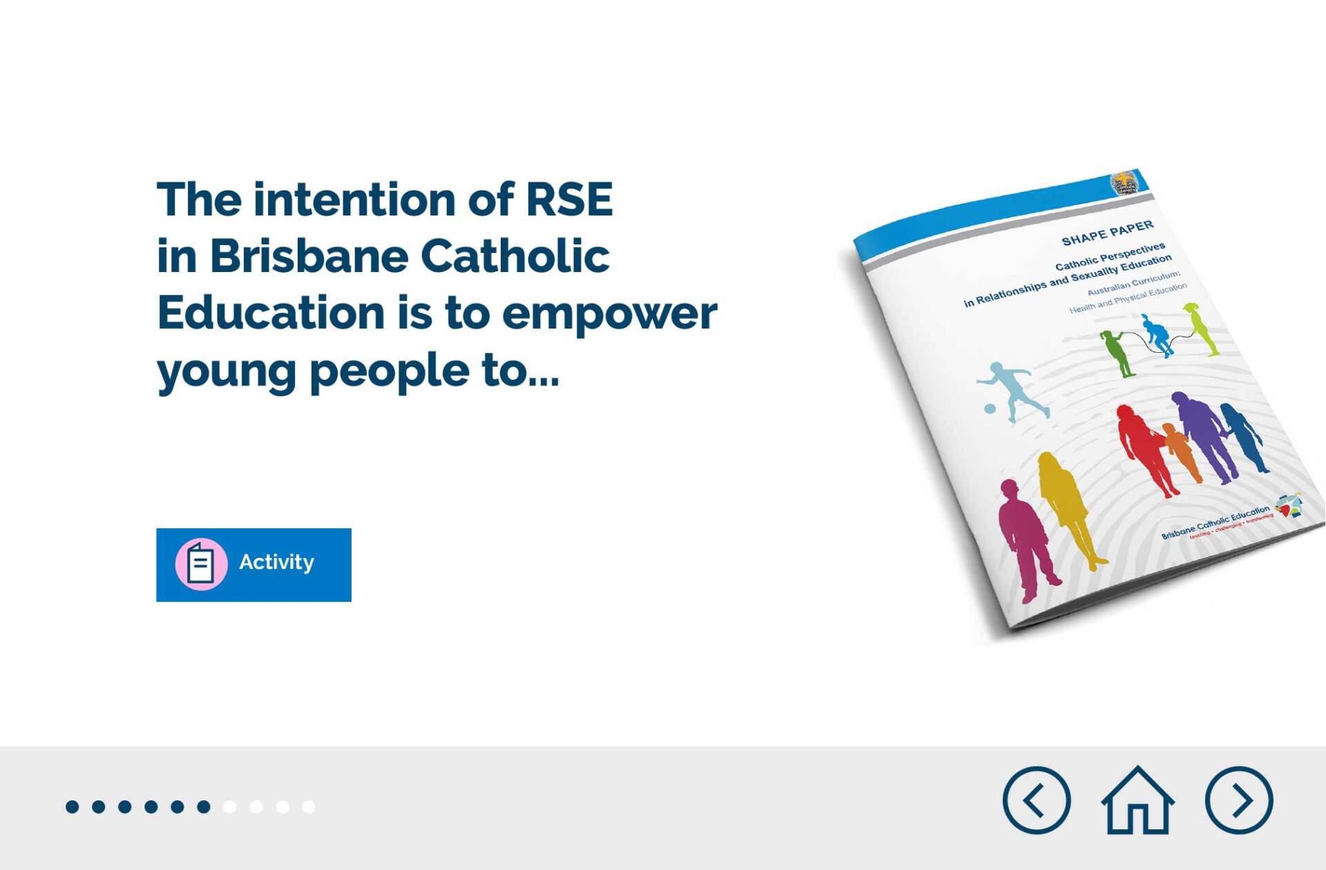 A screen from an online course showing the intention of RSE in Brisbane Catholic Education is to empower young people to...