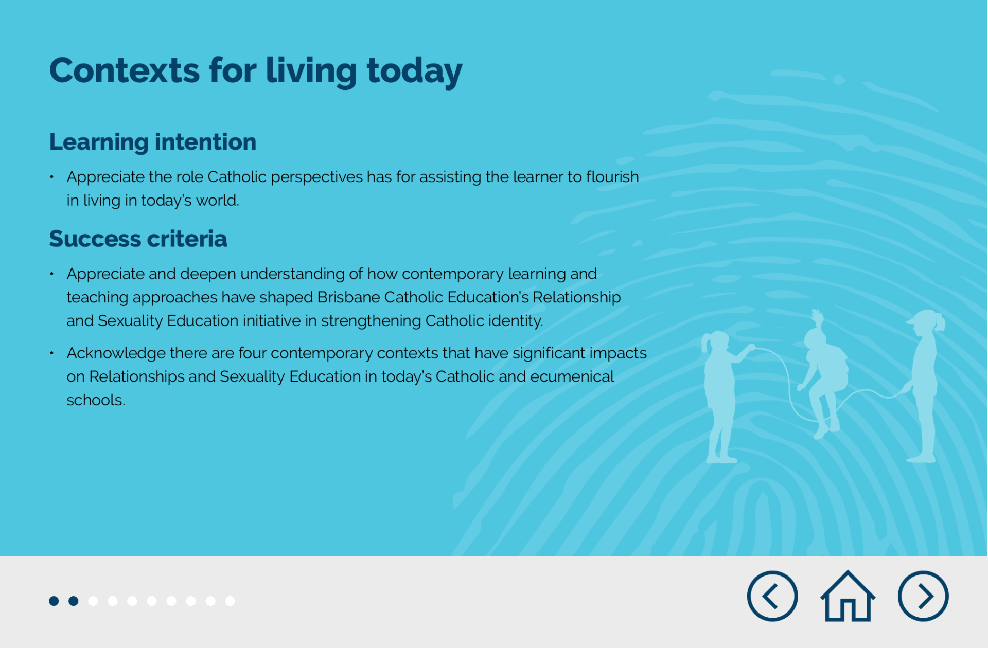 A screen from the RSE online course showing a blue background with the words contexts for living today on it