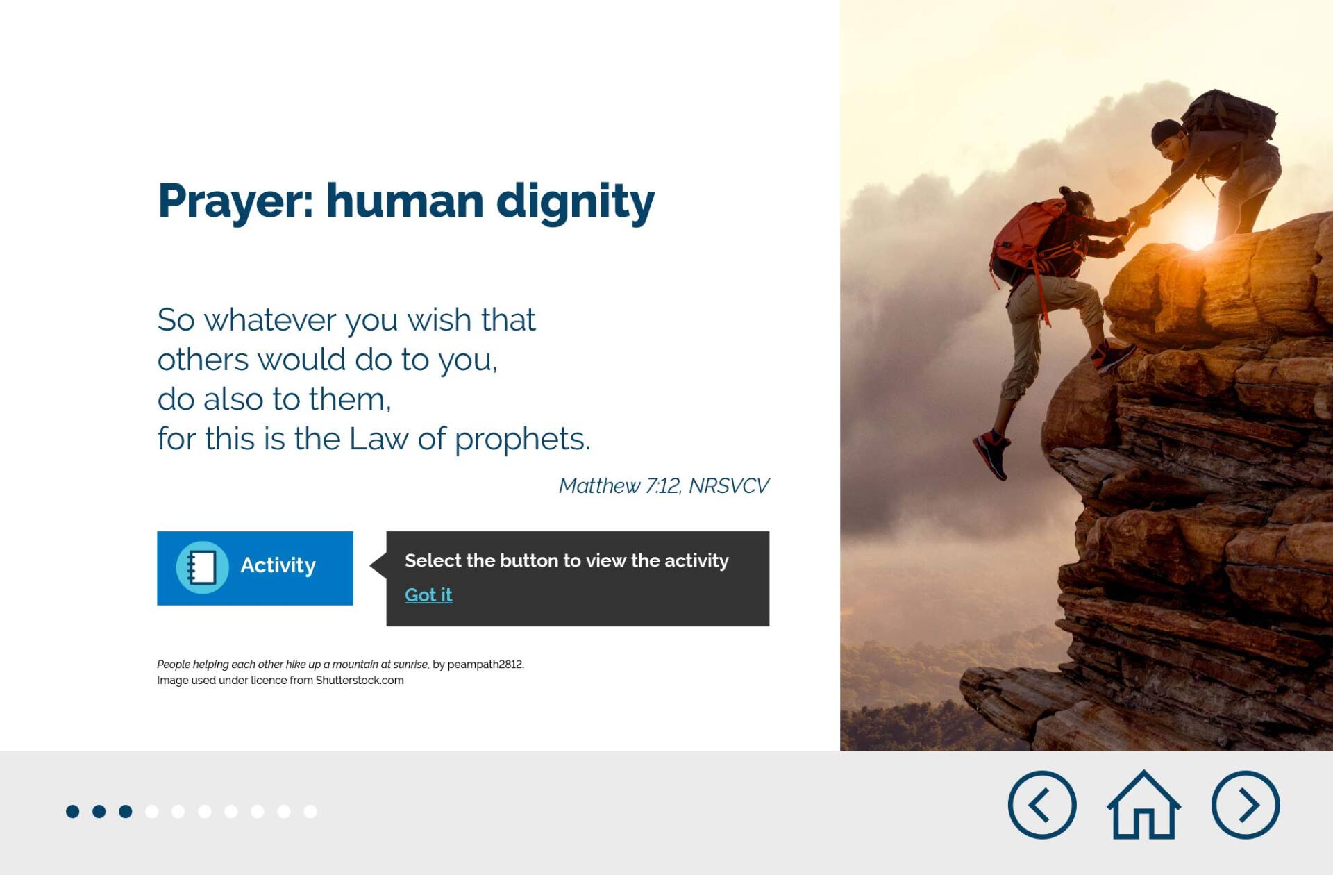 A screen from the Relationships and Sexuality Education online course showing a man helping a woman climb a mountain.