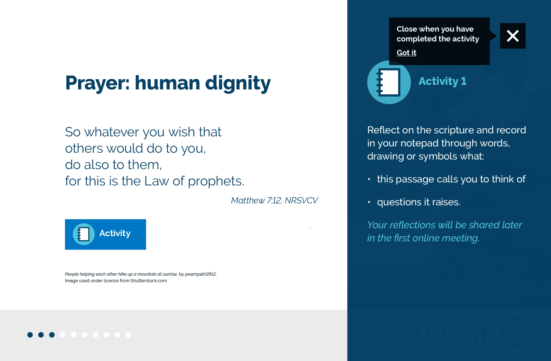 A screen from the Relationships and Sexuality Education online course showing that says prayer : human dignity