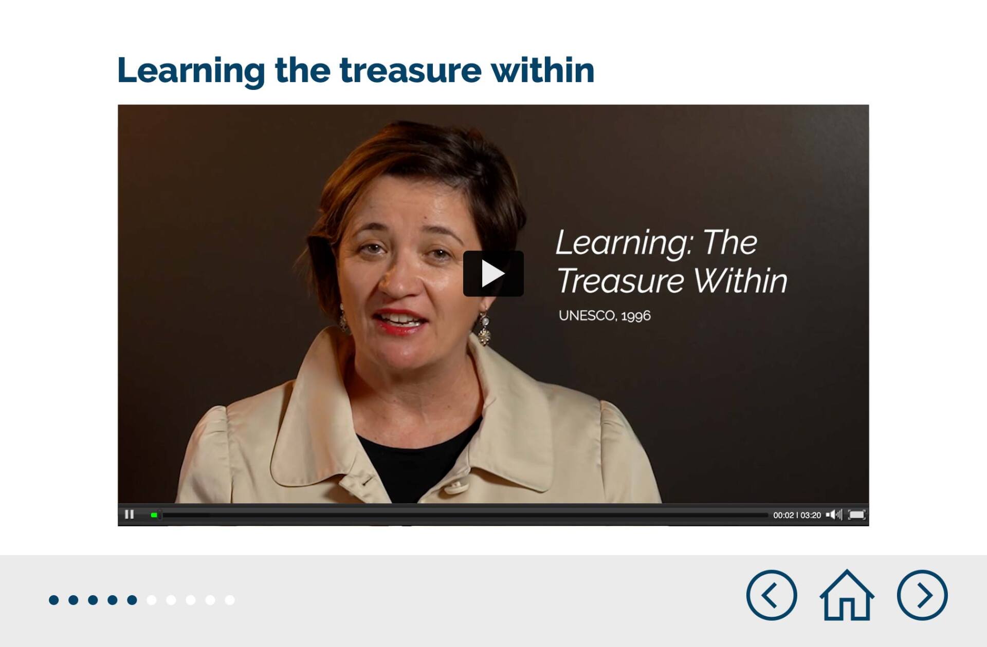 A screen for online course showing a video of a woman is titled learning the treasure within