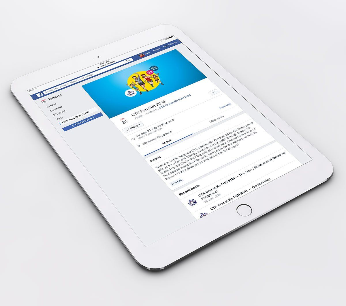 A tablet with a facebook page open on it.