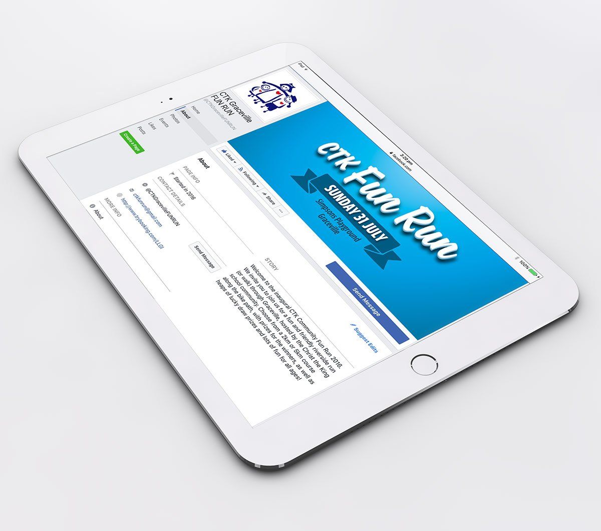A tablet is open to a page that says ek fun run