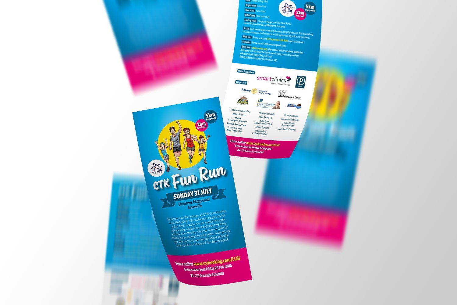 A bunch of flyers are floating in the air for a fun run.