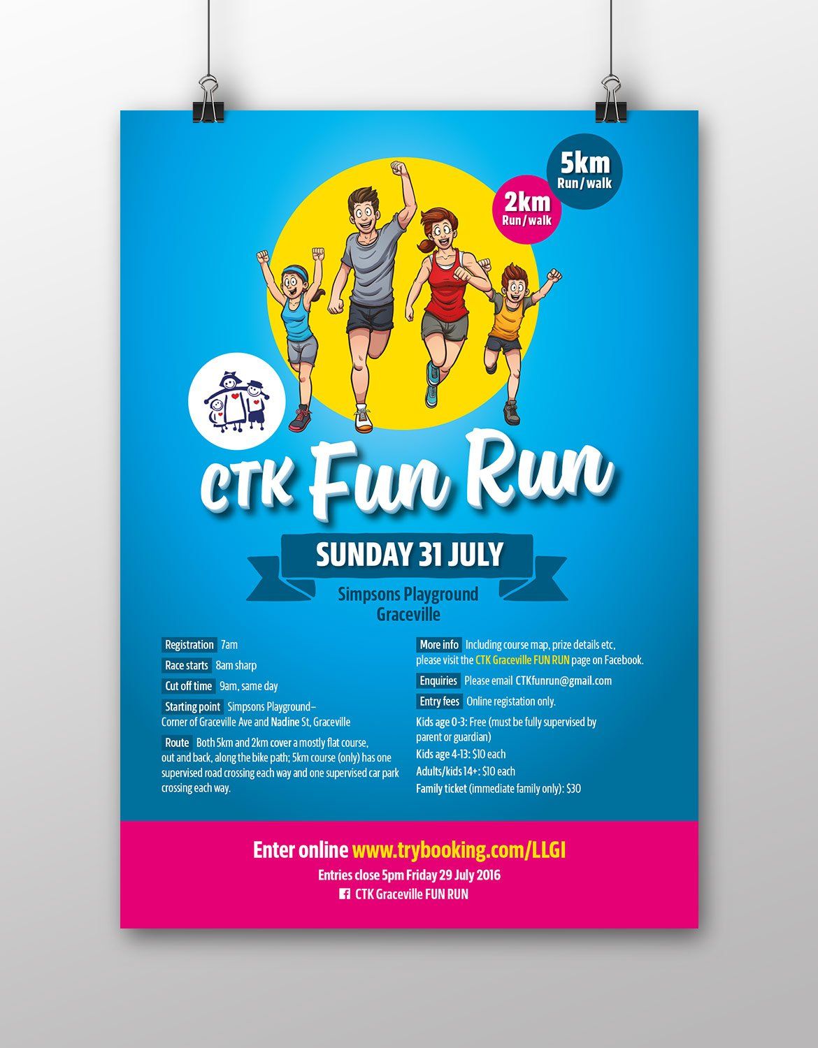 A poster for a fun run is hanging on a wall.