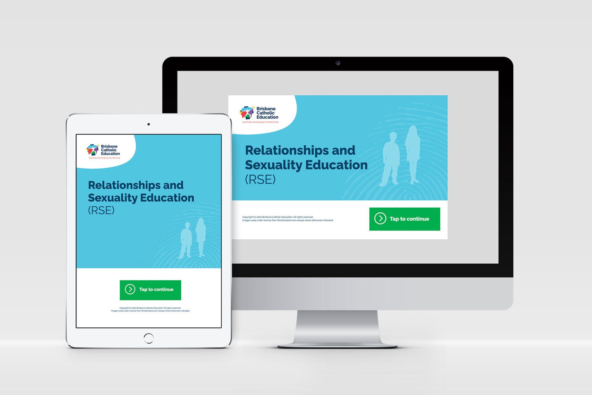 A tablet and a computer showing the cover screen of the Relationships and Sexuality Education online course.