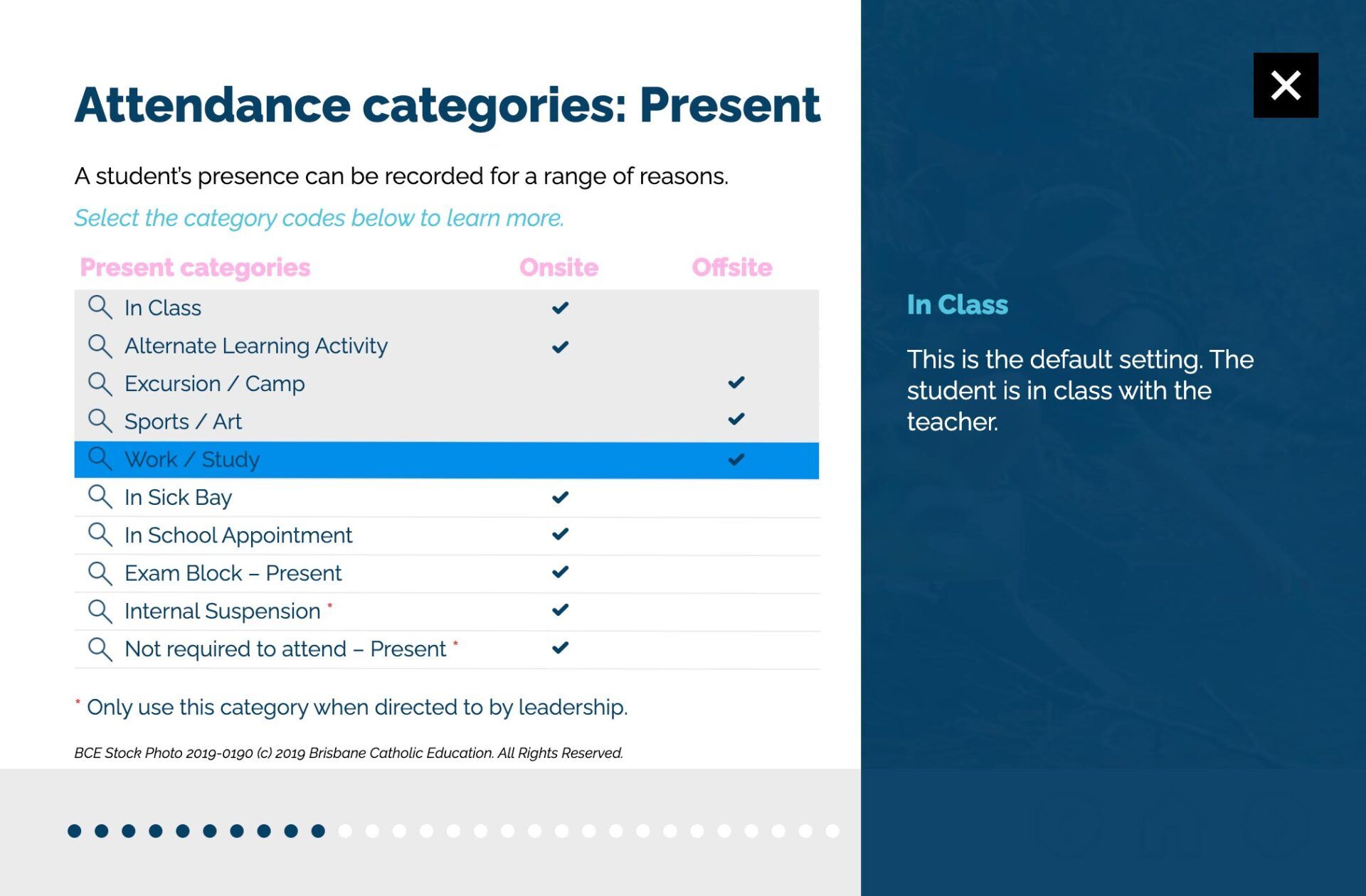 A computer screen shows a list of attendance categories.