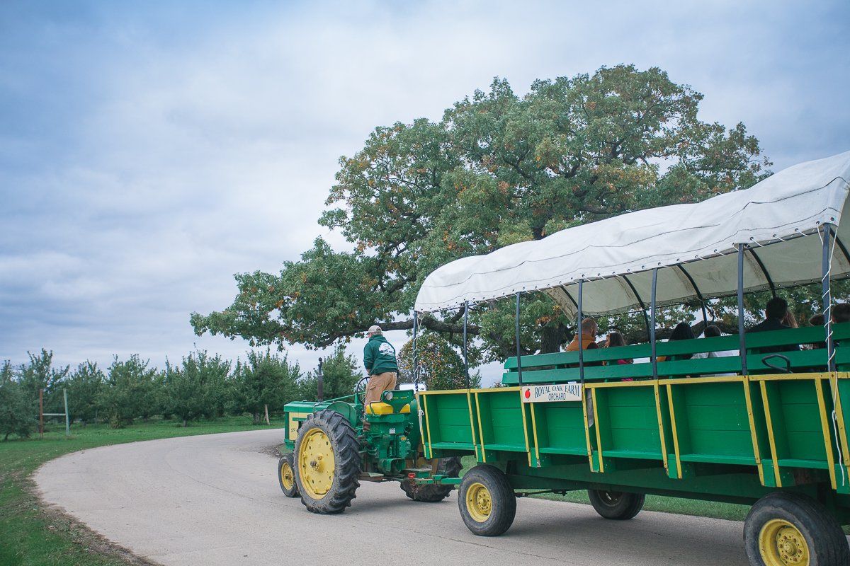 A green tractor pulling a green trailer with a white canopy