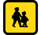 A yellow sign with a silhouette of a man and a child walking.