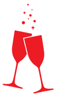 Two red wine glasses are toasting each other on a white background.