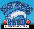 Logo for the Sportsman's Club in Rivers Inlet, B.C. featuring a blue and white salmon leaping, surrounded by text and maple leaves.