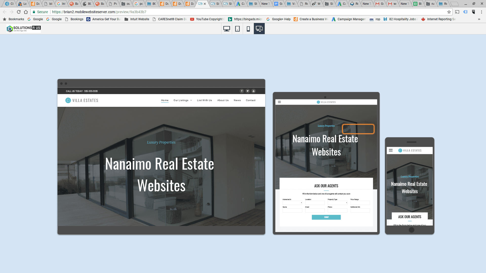 Website design mockups, showing responsive display of a real estate website, on desktop, tablet, and smartphone.