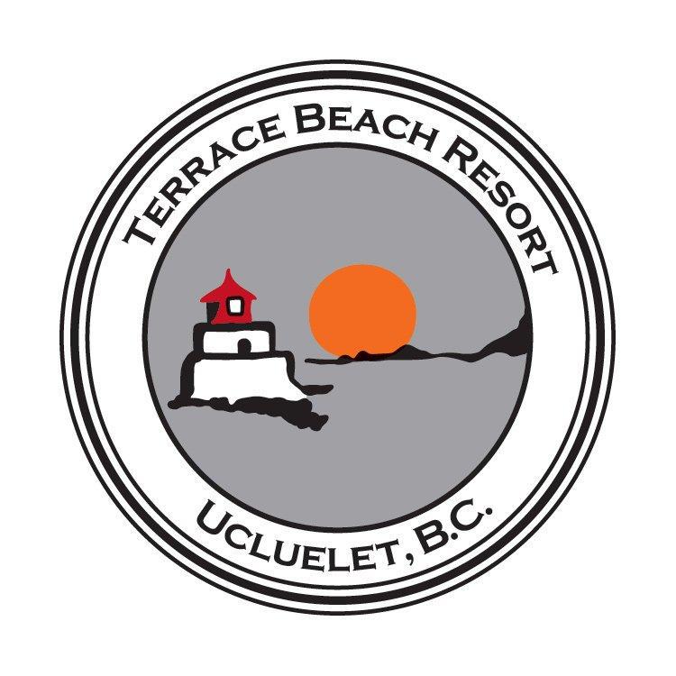 Terrace Beach Resort logo: Lighthouse, sun, ocean view, gray sky, Ucluelet, B.C.