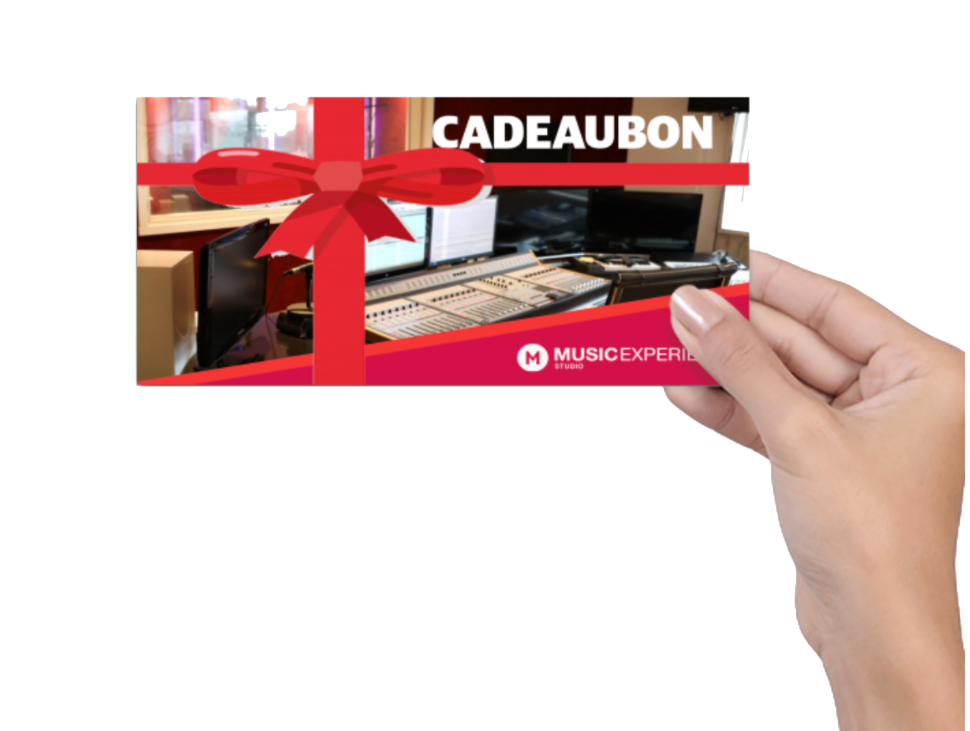 Een hand houdt een cadeaubon vast met een rode strik.