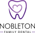 Purple tooth logo with a heart inside; Nobleton Family Dental text below.
