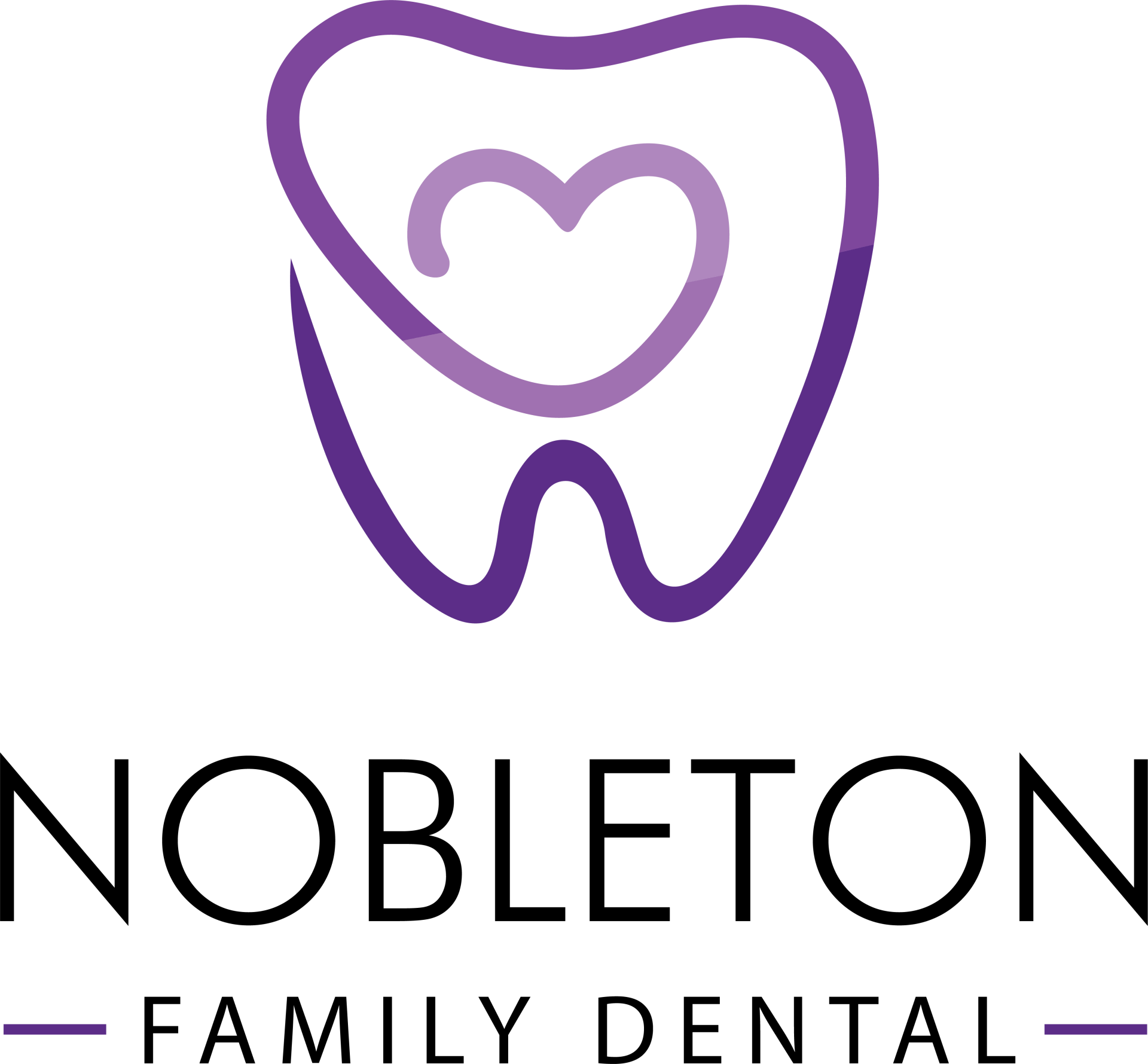 Purple tooth logo with a heart inside; Nobleton Family Dental text below.