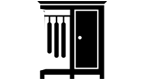 A black and white silhouette of a wardrobe with clothes hanging on it.