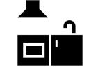 A black and white silhouette of a kitchen with cabinets and a hood.
