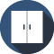 A white cabinet with two doors in a blue circle with a long shadow.