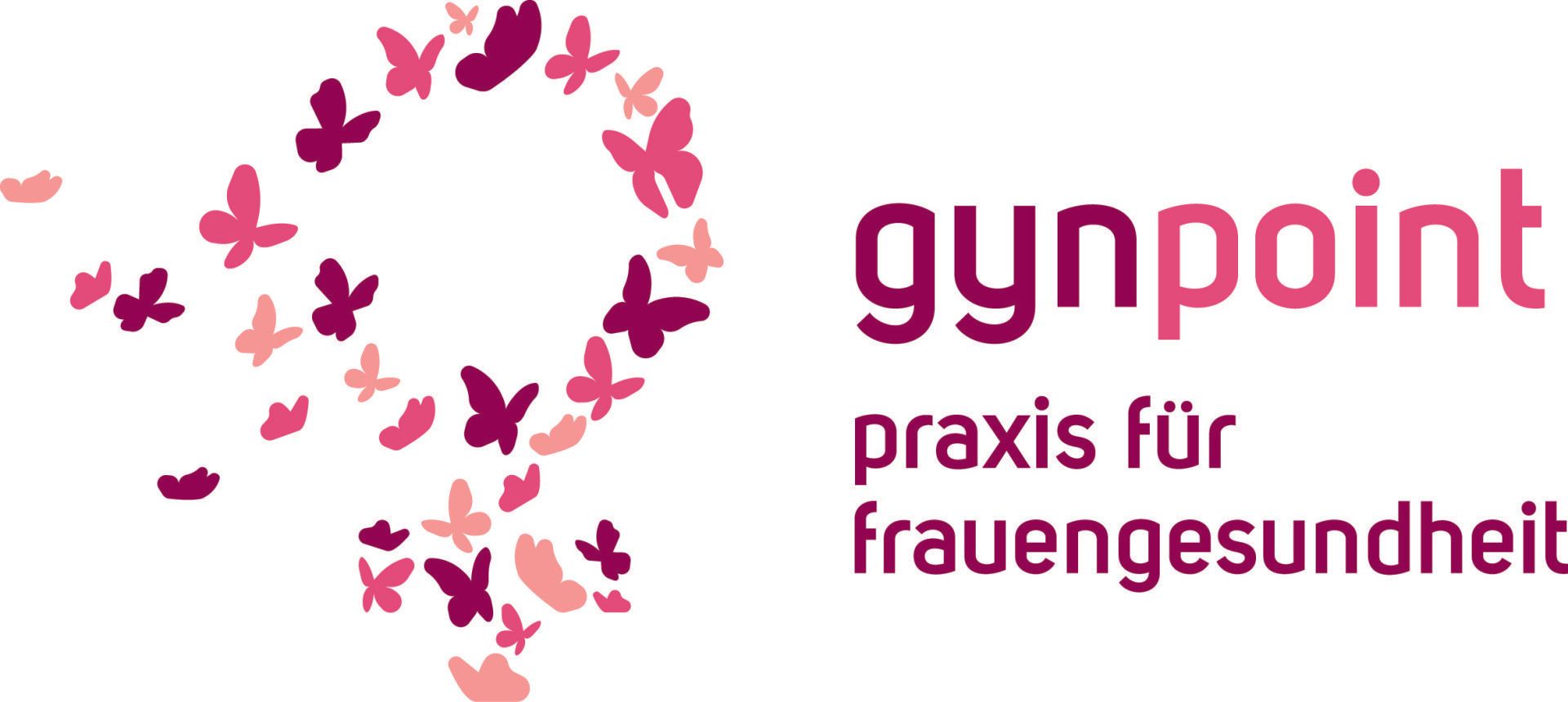 Logo for gynpoint: butterflies in shades of pink, beside text 