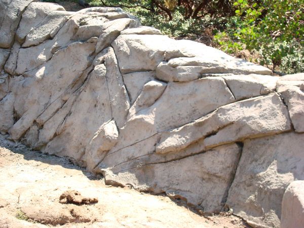 A large rock wall with trees in the background