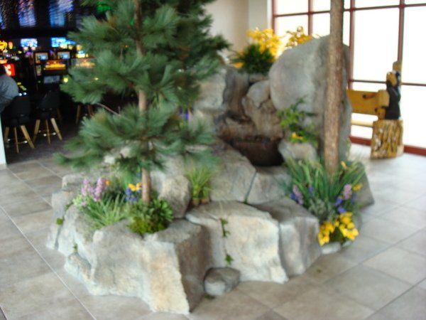 A room with a lot of rocks and plants and a sign that says java
