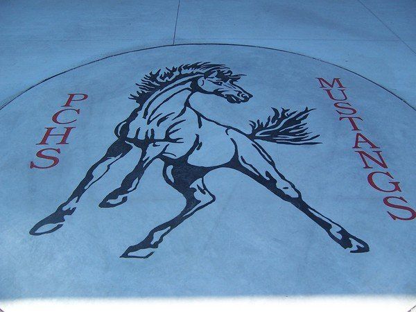 A mustangs logo is painted on the ground