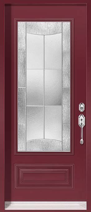 Porte d'entrée rouge avec panneau en verre dépoli et garniture décorative.