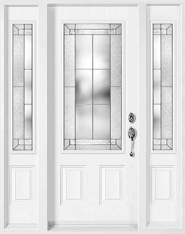 Porte d'entrée blanche avec panneaux de verre rectangulaires, impostes latérales et moulures décoratives.