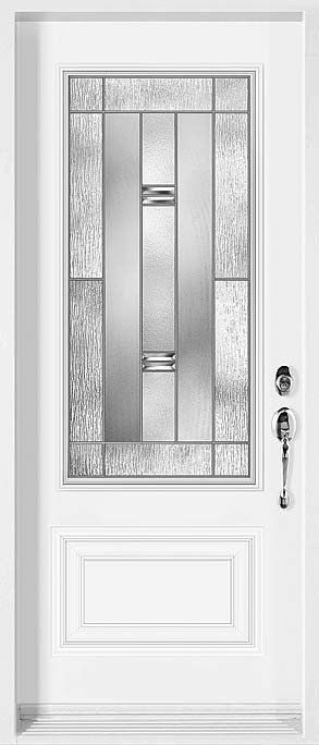 Porte d'entrée blanche avec panneau rectangulaire en verre dépoli et serrure.