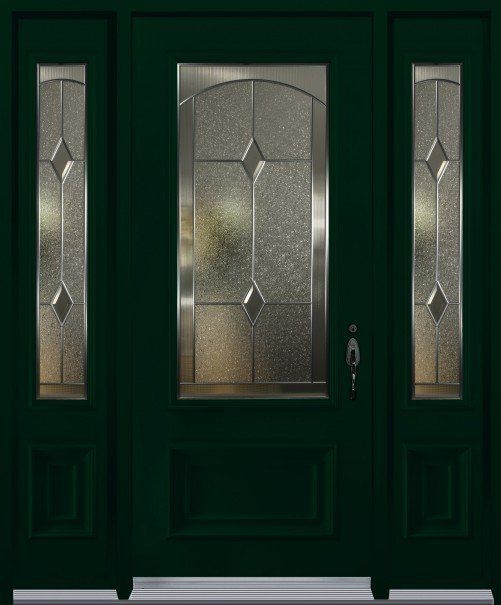 Porte d'entrée verte avec panneaux de verre et imposte.