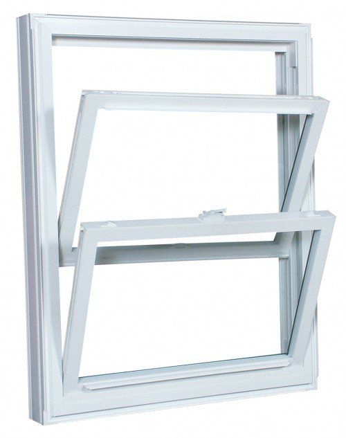 Fenêtre à guillotine blanche, les deux vantaux partiellement ouverts, laissant apparaître les vitres et le cadre.