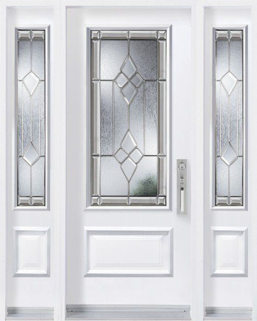 Porte d'entrée blanche avec panneau de verre décoratif et imposte latérale.