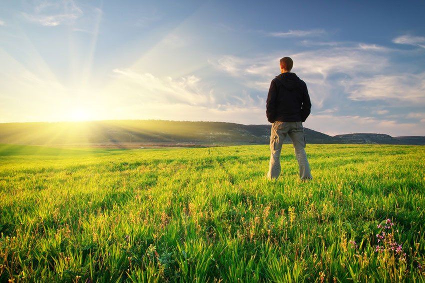 Man looking at countryside sunrise