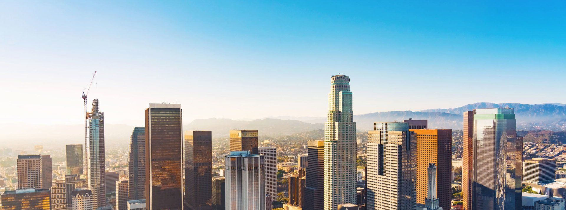 Aerial view of a Downtown Los Angeles at sunset