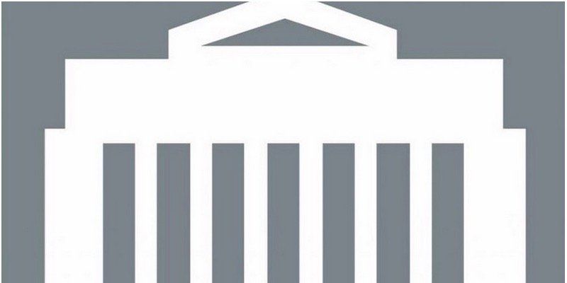 White government building icon with columns and a triangular pediment on a gray background