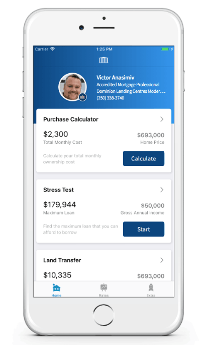 IPhone screen showing a blue financial app dashboard with purchase calculator, street test, and card transfer sections