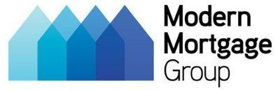 Modern Mortgage Group logo with blue geometric rooftops and black text