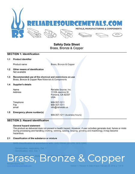 Brass, Bronze & Copper SDS/MSDS Sheet