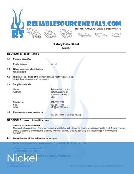 Nickel SDS/MSDS Sheet