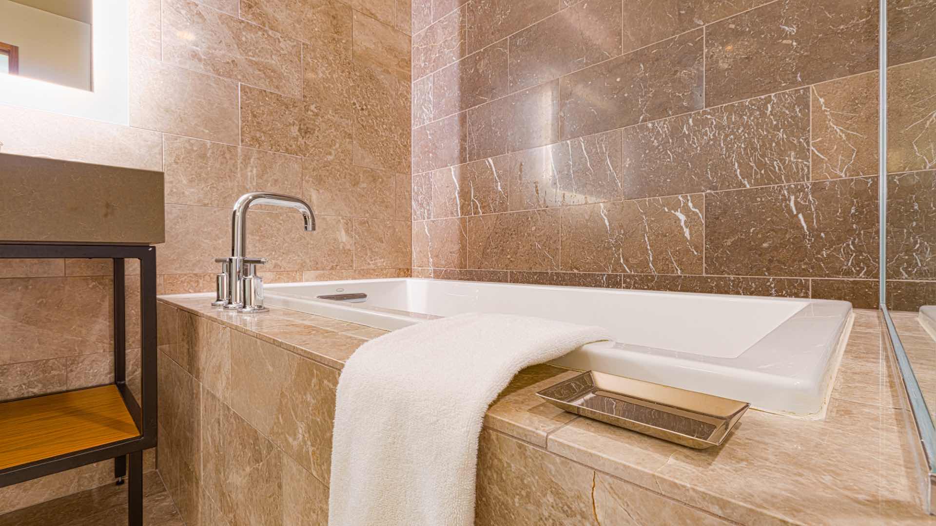 This bathroom has an upscale, clean Look