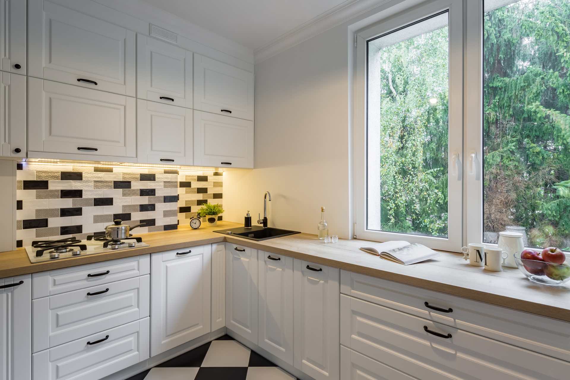 Creative tile floor and backsplash combination