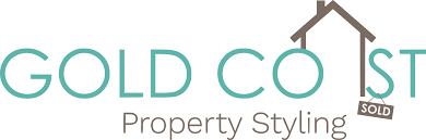 A logo for gold coast property styling with a house and a sold sign.