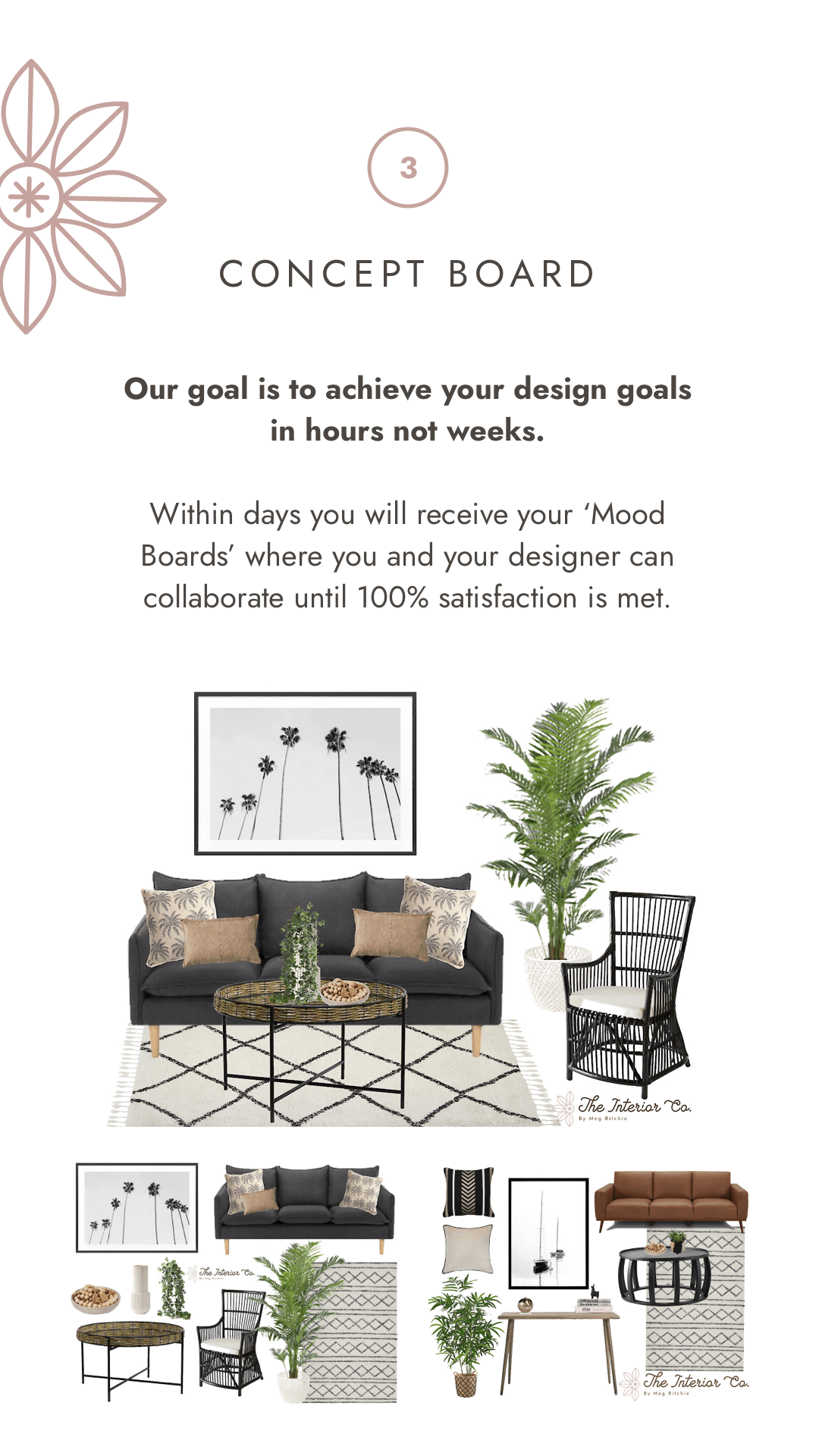 A concept board for a living room with a couch , chairs , tables and plants.