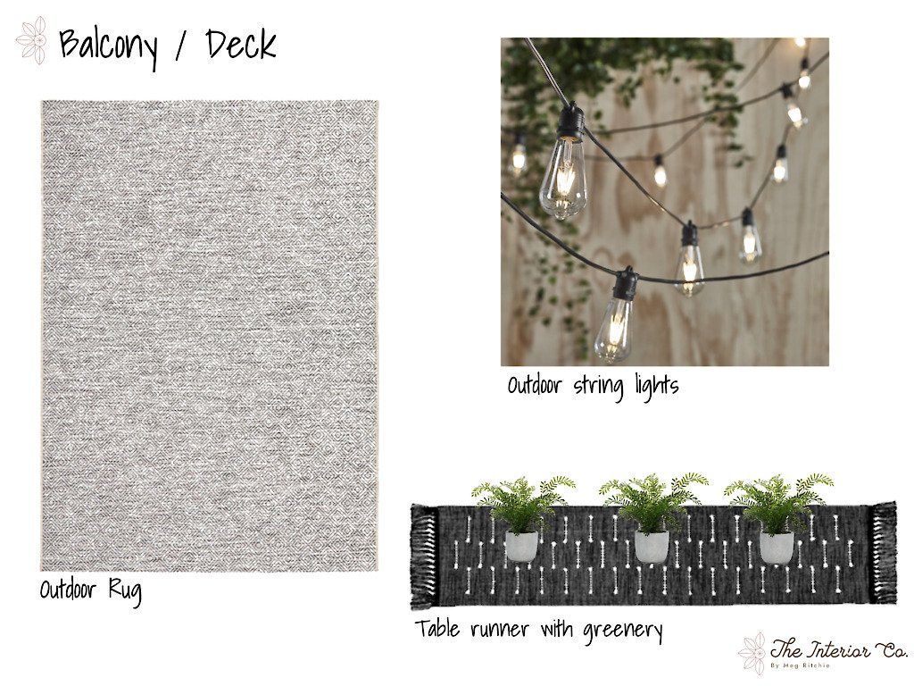 A picture of a balcony / deck with a rug , table runner , and string lights.