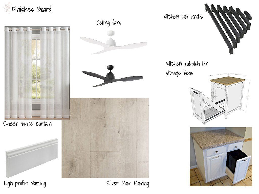A collage of pictures of a kitchen with a ceiling fan , sheer white curtain , and silver main flooring.