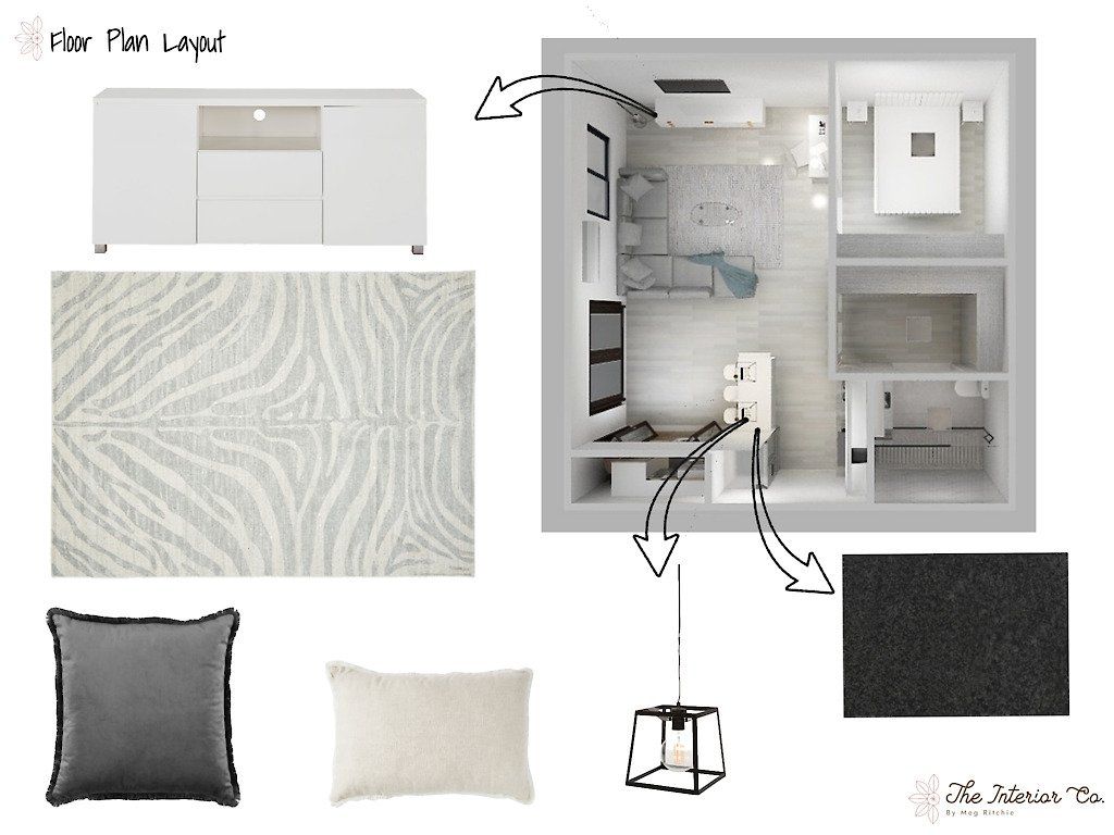 A floor plan layout of a living room with a zebra print rug